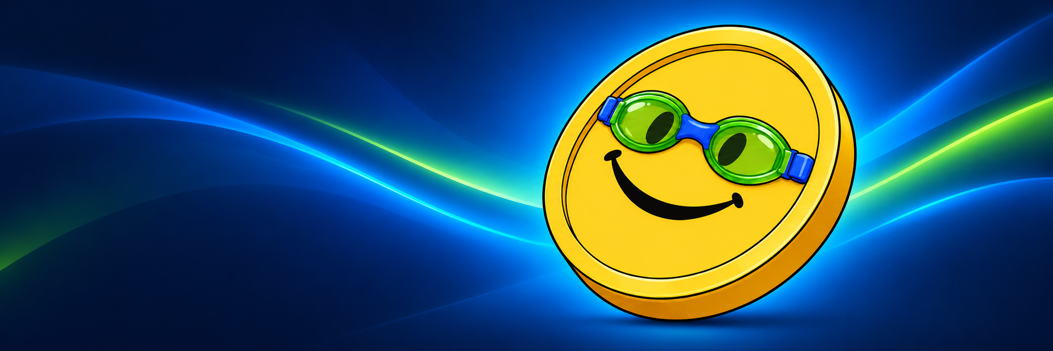 A smiling gold NAS STONKS coin wearing bright green goggles against electric blue market waves